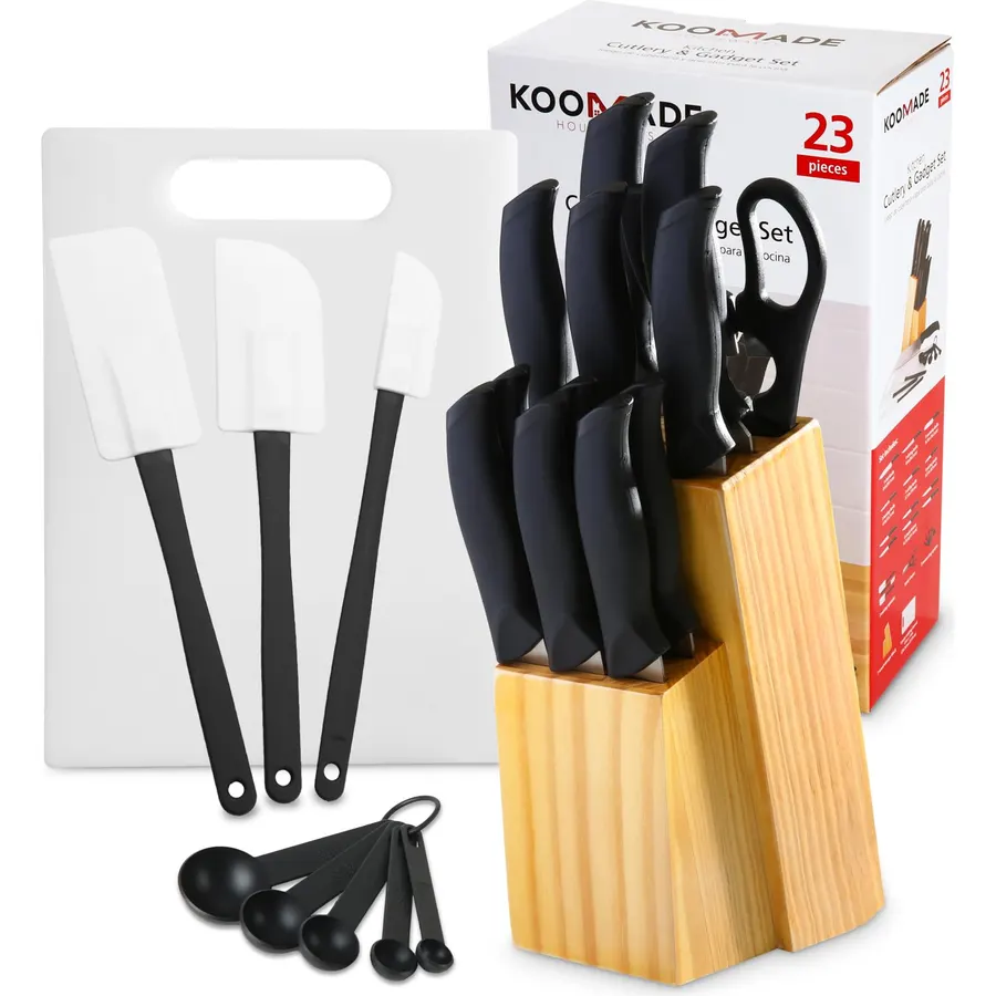 KOOMADE Knife Set With Block, Cutlery Essentials 23 PCS Kitchen Stainless Steel Knife Block Sets With Cutting Board, Shears, Paring, Utility, Santoku, Steak Knives, Dishwasher Safe Cutlery Block Set