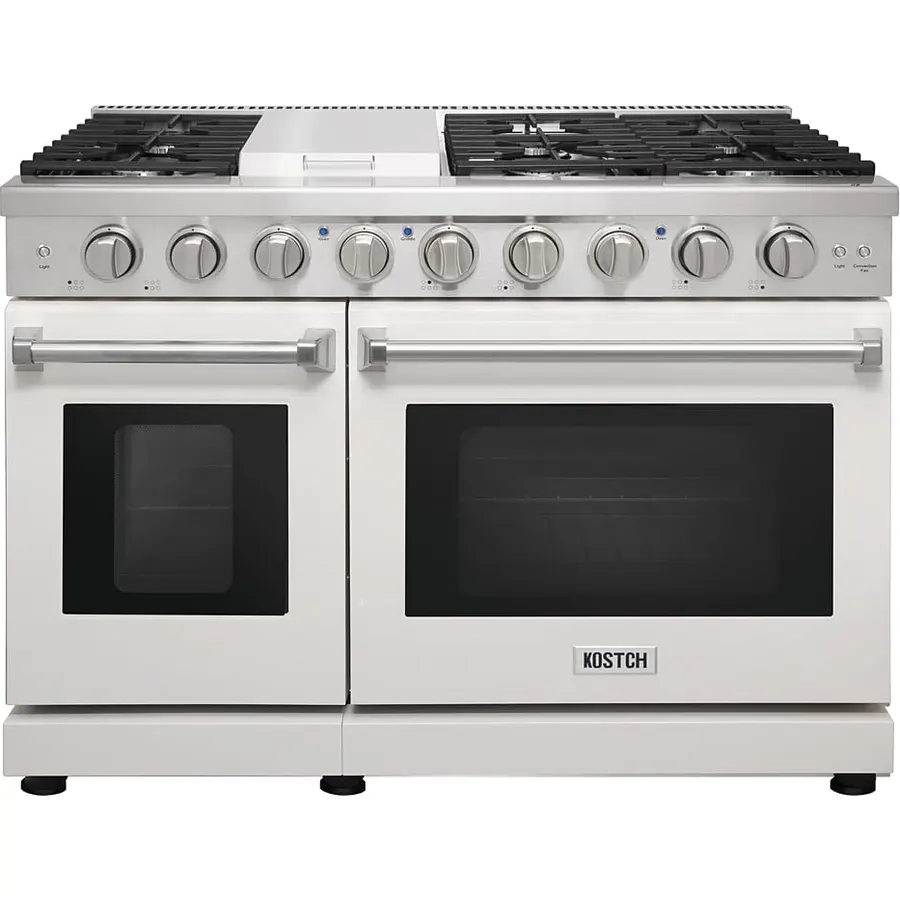 KOSTCH 48-inch Pro-Style Natural Gas Range with 6 Burners & 1 Griddle Cooktop, Double 4.6 cu. ft. and 2.2 cu. ft. Convection Oven, in Stainless Steel with NG/LPG Convertible Kit (White)