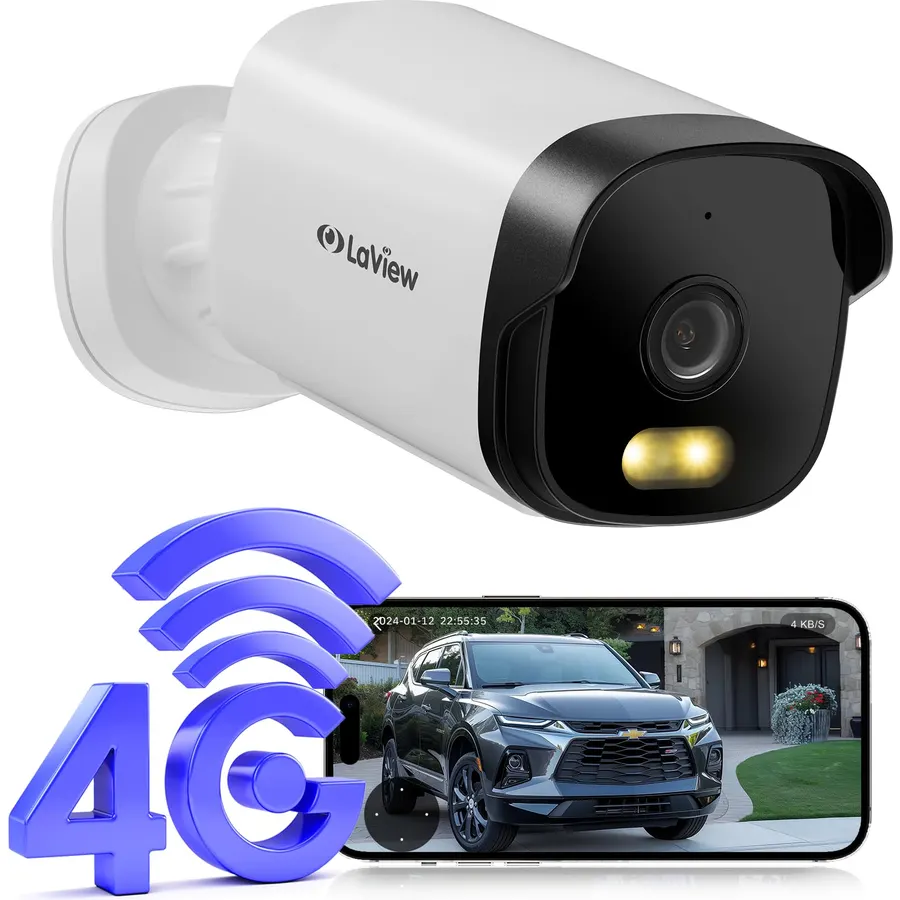 LaView Cellular Security Camera, 4G LTE No WiFi Security Camera, 4MP HD Off Grid Outdoor Camera with Motion Detection,IP65 Waterproof,Color Night Vision,SD Card Slot&US Cloud Storage,Work with Alexa