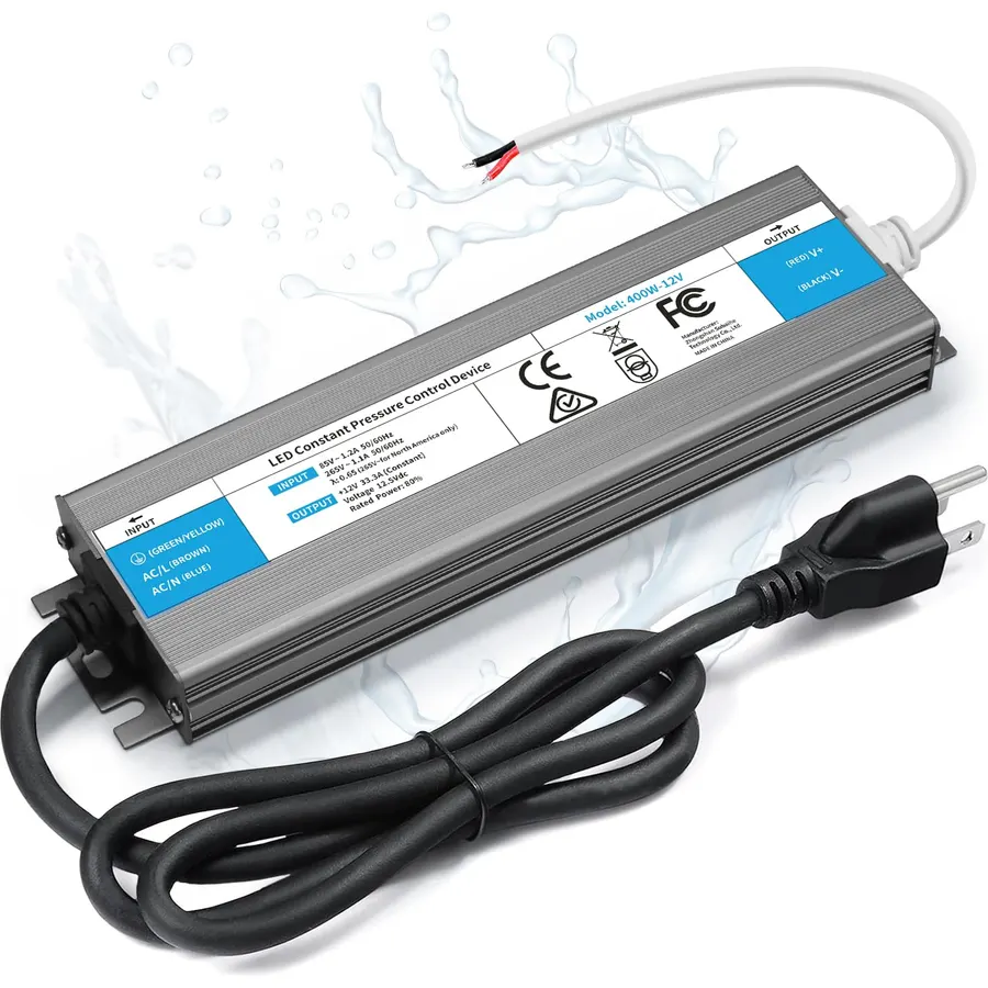LED Driver 400 Watts Waterproof IP67 Power Supply 85V-265V AC to 12V DC Converter,Quiet and Small LED Transformer Low Voltage Output with 3-Prong Plug 3 Feet Cable for LED Light Strip, Outdoor
