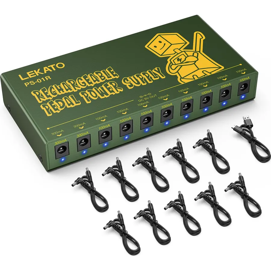 LEKATO Built-in 10000mAh Rechargeable Battery Guitar Pedal Power Supply, 10 Isolated DC Outputs, 9V 300mA, 100mA Effect Pedal Boards Power Supply, 5V/1A USB Port, Short Circuit Protection, PS-01R