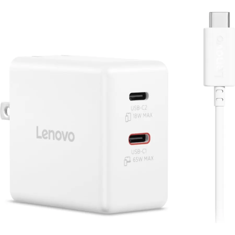 Lenovo Dual USB-C 65W GaN Charger, 2 USB-C Ports, for Laptops/Tablets & Phones & More, Compact Size, Foldable Plug, Includes 1.5m USB C Cable, Model/Type: CC65, White