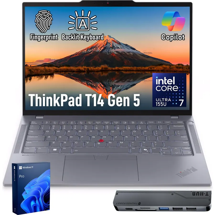 Lenovo ThinkPad T14 Business AI Laptop, 14" FHD+ IPS, Intel Core Ultra 7 155U, 32GB DDR5, 1TB SSD, 5MP Webcam, Fingerprint, Backlit, Wi-Fi 6E, Thunderbolt 4, Windows 11 Pro, 7-in-1 USB-C Hub Bundle