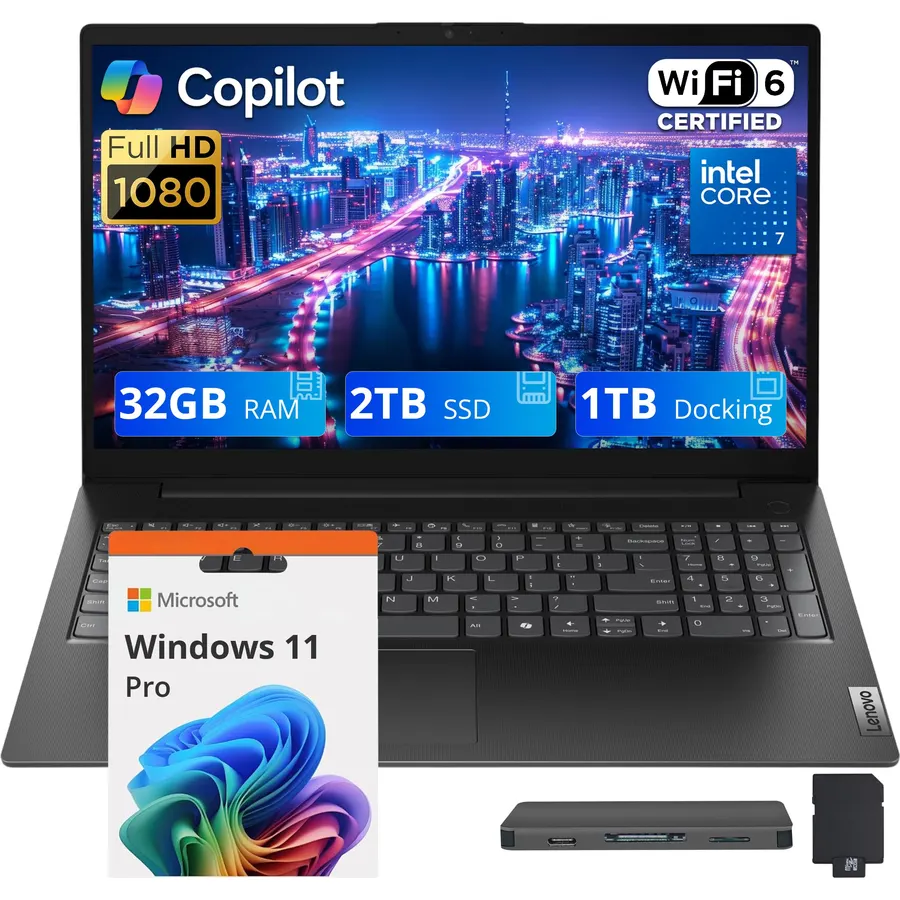 Lenovo V15 Gen 5 15.6" FHD Laptop, Intel Core 7 240H, 16GB DDR5, 3TB Storage(2TB SSD+1TB Docking Station Set), Intel Graphics, Numeric Keypad, HD Webcam, Wi-Fi 6, Win 11 Pro, Black