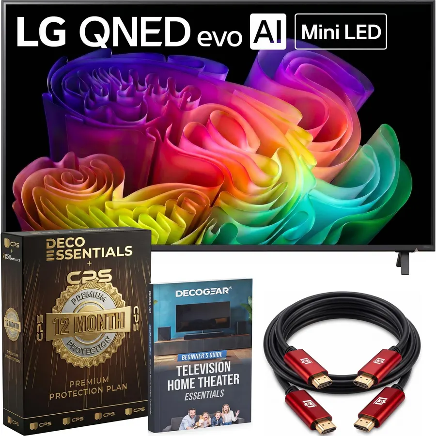 LG 100-Inch QNED evo AI Mini LED 4K Smart TV with a8 Gen3 Processor, Quantum Color, Dolby Vision, Dolby Atmos & 144Hz VRR Gaming Bundle with Deco Essentials 1-Year Extended Protection and HDMI Cables