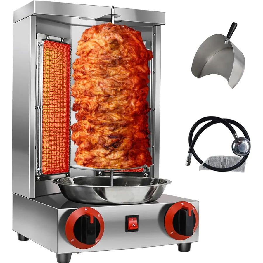 Li Zhen Shawarma Machine Gas Vertical Doner Kebab Machine Shawarma grill Vertical Rotisserie Machine Propane Vertical Broiler with 2 Burner and Meat Catch Pan for Kitchen,(Patented Product)
