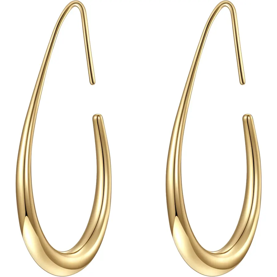 Lightweight Teardrop Hoop Earrings for Women - 14k Gold/White Gold Plated Large Oval Pull Through Hoop Earrings High Polished Statement Jewelry Gift for Women
