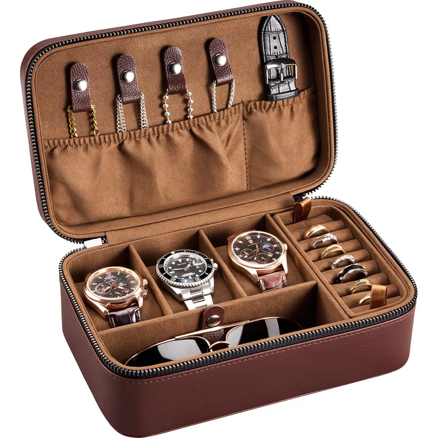 Lolalet 3-Slot Travel Watch Case, Watches and Jewelry Box for Men -Brown