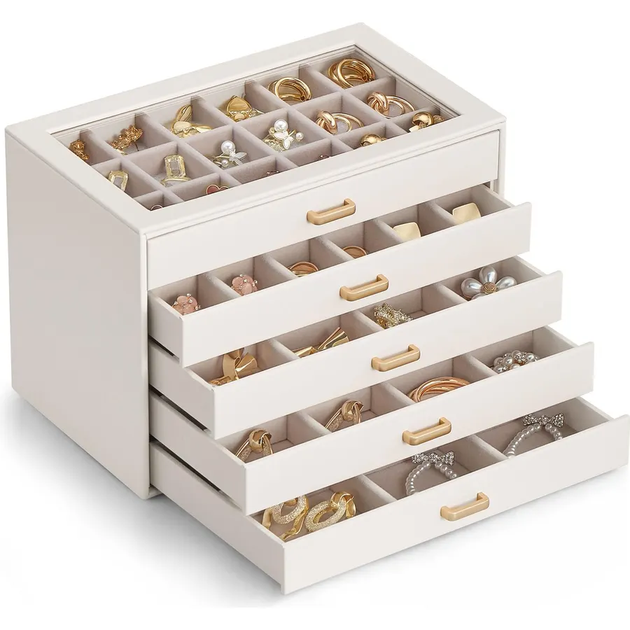 Lolalet Earring Organizer, Jewelry Box with Clear Lid -Beige, 5 Layer