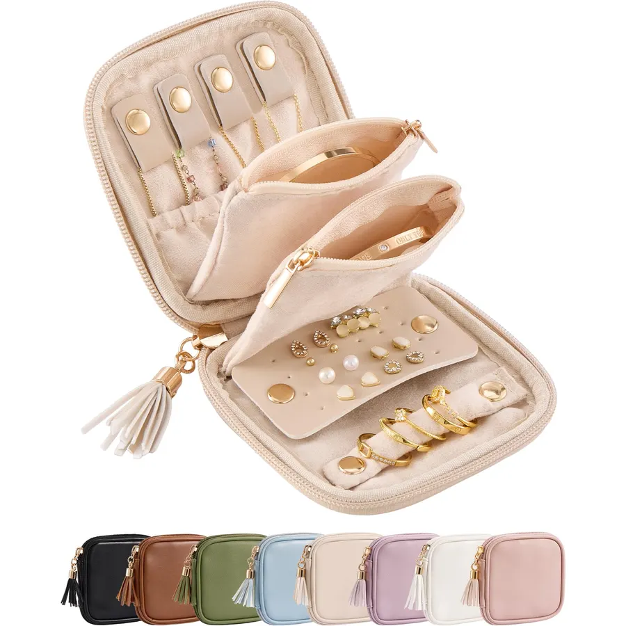 Lolalet Mini Travel Jewelry Case, Soft PU Leather Pouch -Oatmeal