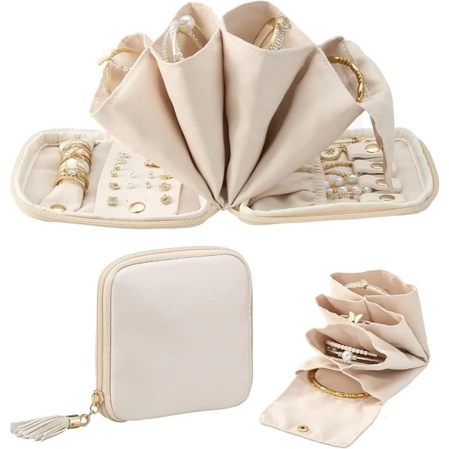 Lolalet Travel Jewelry Case Organizer, Small Soft Jewellery Pouch -Oatmeal