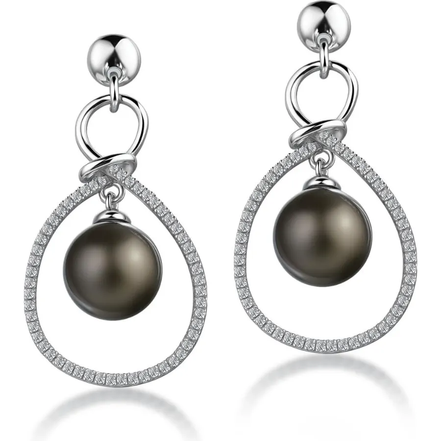 Lunar Belle Tahitian Black Pearl Drop Earrings with Moissanite Cascade Halo in Sterling Silver, Elegant Fine Jewelry Gifts for Women (Pearl Cascade)