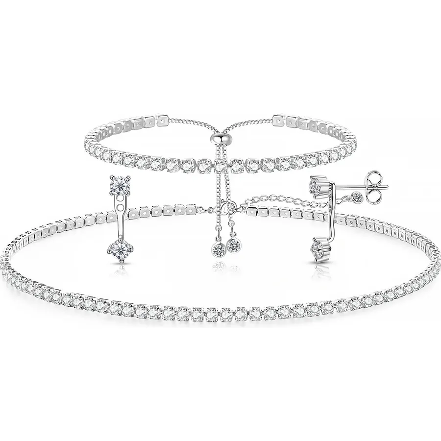Luxval Tennis Necklace Set for Women Tennis Bracelets Diamond Earrings Sterling Silver Necklace Wedding Jewelry for Bride Silver Jewelry Sets for Women Gift