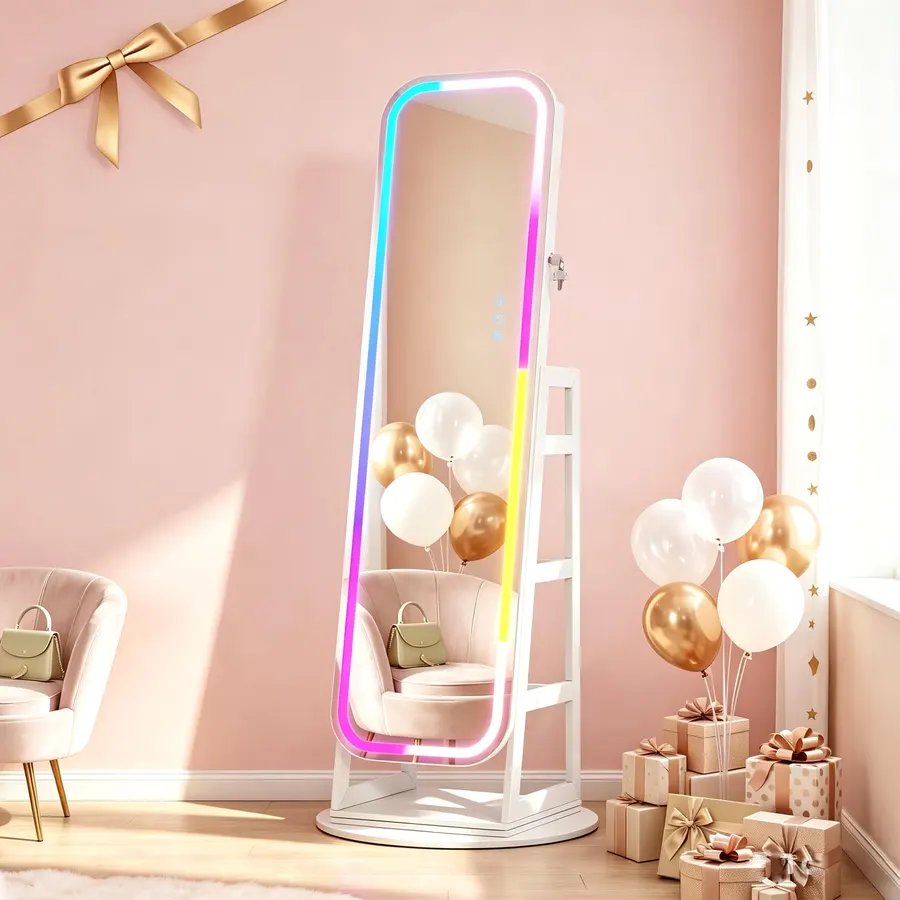 Lvifur RGB Mirror Jewelry Cabinet Organizer,Oval Mirror with Storage，White