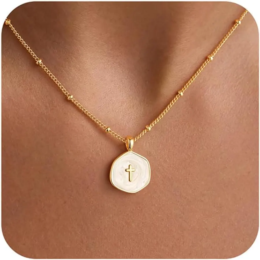 M MOOHAM Enamel Mini Cross Necklace for Women Girl, 14K Gold Plated Jewelry