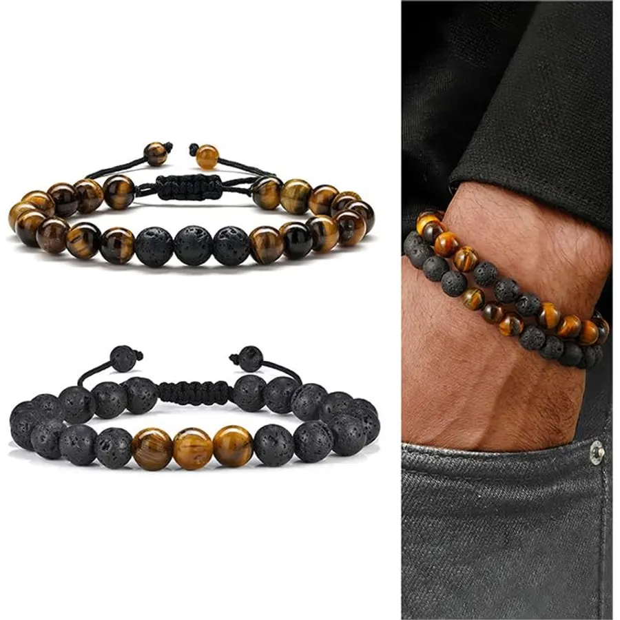 M MOOHAM Mens Bracelet - Beaded Natural Stone 8mm Tiger Eye Matte Agate Lava Rock Bracelets for Men Teen Boys Grandpa Dad Birthday Gifts Jewelry