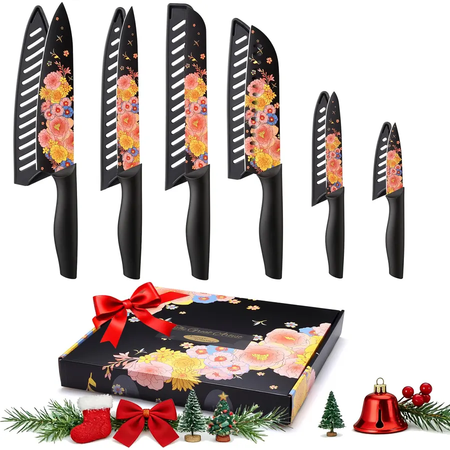 Marco Almond Knife Set Artistic Designed Pattern Kitchen Knife 6 Stainless Steel Kitchen Knives w 6 Blade Guards,Dishwasher Safe Kitchen Knife Sets for Family Knives Set for Chefs