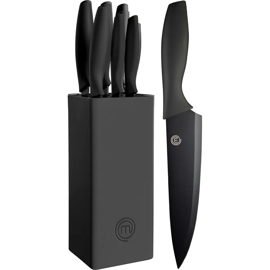 MasterChef Knife Set with Block, 7pc Kitchen Knives Set with Holder, Black