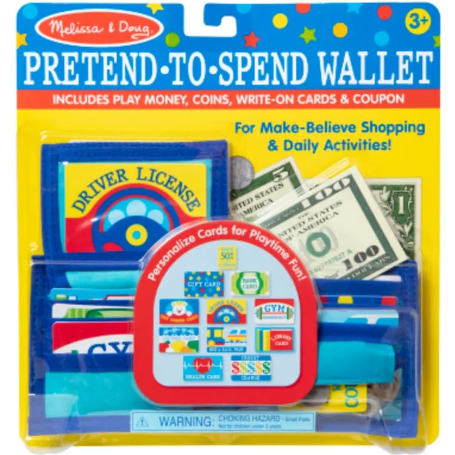 Melissa & Doug Pretend-to-Spend Toy Wallet With Play Money and Cards (45 pcs), Blue - FSC Certified