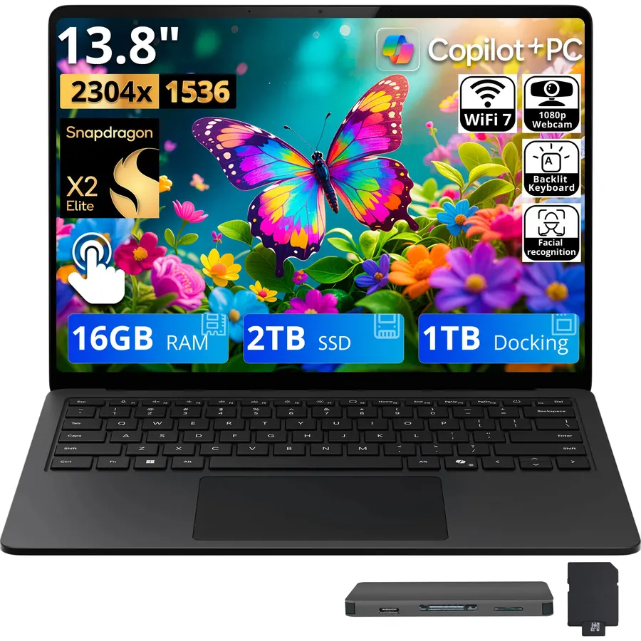 Microsoft Surface 13.8" 2K Touchscreen Copilot+ PC Laptop, Snapdragon X2 Elite X2E-80-100, 16GB LPDDR5X, 3TB Storage (2TB SSD+1TB Docking Station), Backlit Keyboard, FHD Webcam, Win 11, Black