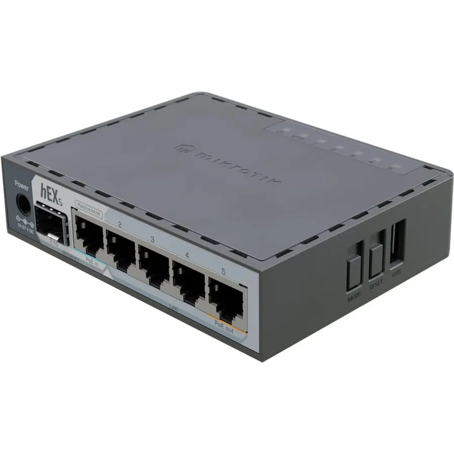 MikroTik hEX S (2025) E60iUGS A compact, affordable wired router featuring a 2.5G SFP port, 5x Gigabit Ethernet, PoE out, USB, and a fast dual-core CPU