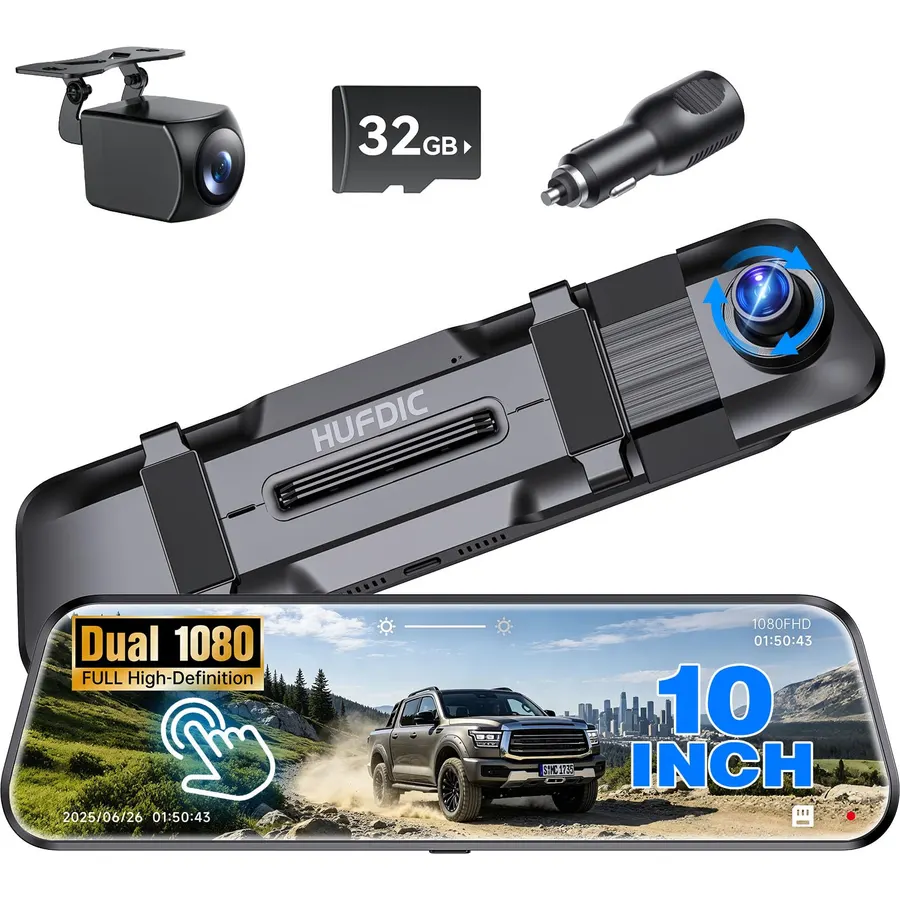 Mirror Dash Cam,10" 1080P Touch Screen Front & Rear View Mirror Camera