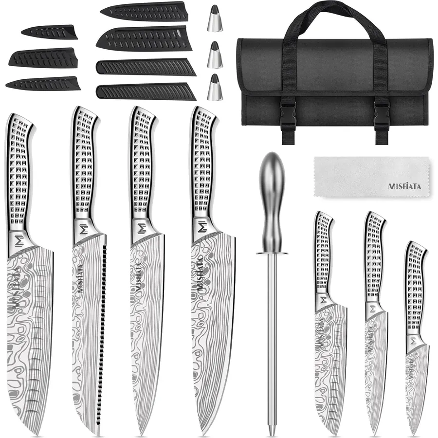 19pcs knife set, Japanese Stainless Steel Knife Sets for Kitchen with Leather storage bag with Knife Sharpening Rod, Dishwasher Safe, For Outdoor
