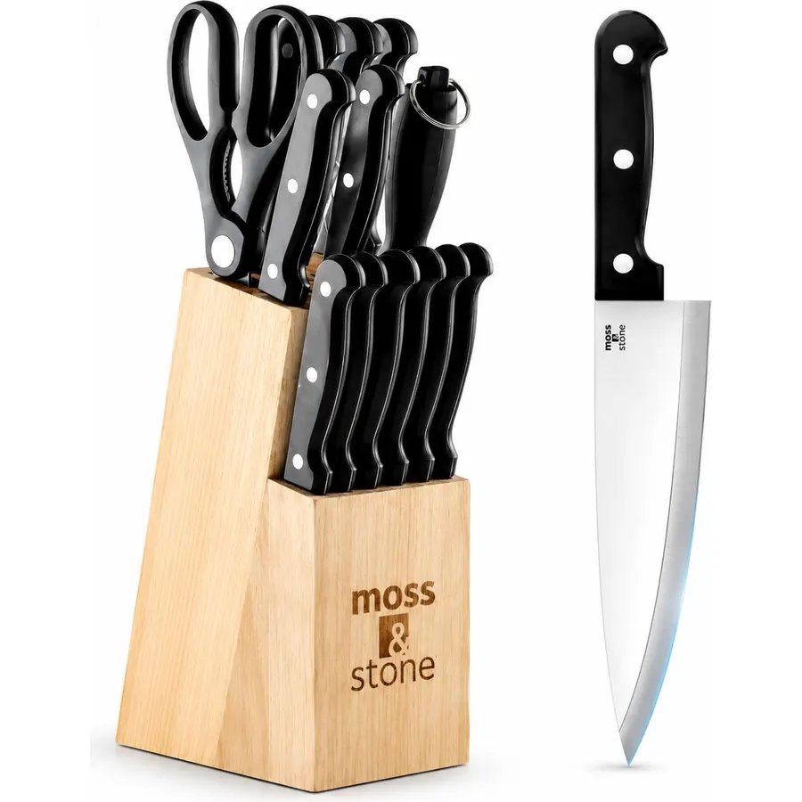 14 PCS Knife Set with Oak Wood Block,High Carbon Stainless Steel Kitchen Knife Set with Chef Knife, Santoku, Bread, Paring,Steak Knives, Kitchen Shears Sharp Knife Block Set with Sharpener