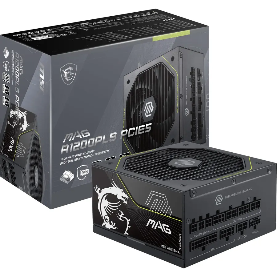 MSI MAG A1200PLS PCIE5, Fully Modular Gaming 1200W Power Supply, 80+ Platinum, Native 12V-2x6 Cables, GPU Safeguard, 105°C Main Capacitor, Fan Safeguard, ATX 3.1 & PCIe 5.1 Ready, 10 Year Warranty
