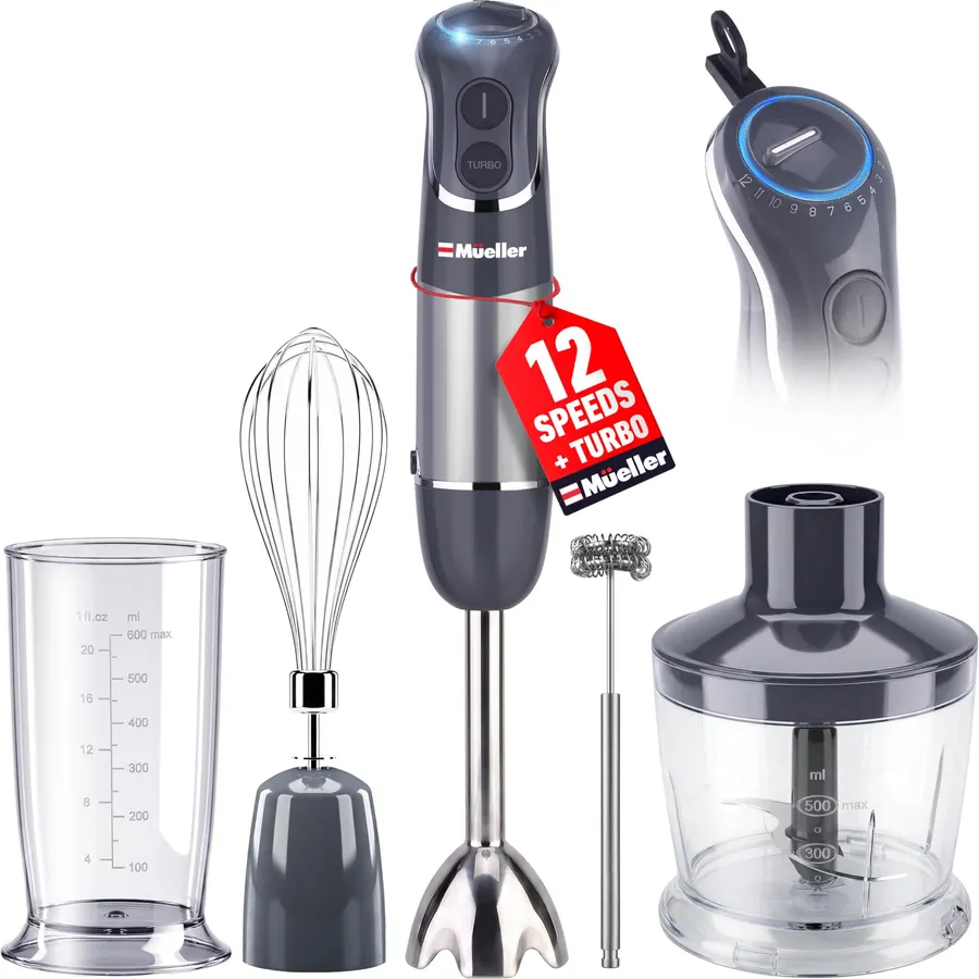 Mueller Multistick 5-in-1 Immersion Blender Handheld, 12-Speed Hand Mixer