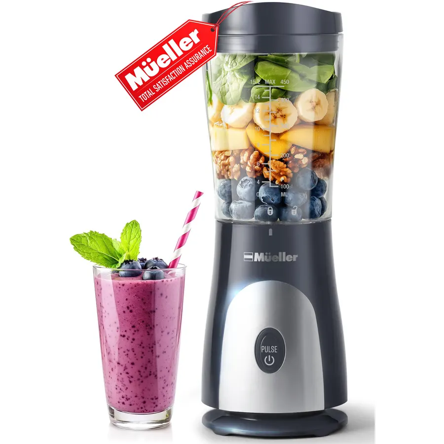 Mueller Smoothie Blender for Smoothies - Personal Blender for Shakes, Frozen Drinks, Baby Food & More, 15oz Travel Cup and Lid, Durable Stainless Steel Blades for Powerful Blending Performance