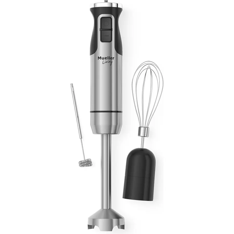 MuellerLiving Ultra-Stick Immersion Hand Blender, 500W Heavy Duty Motor, 8-Speed Turbo Setting, Includes Blending Shaft, Whisk, Milk Frother & Measuring Beaker