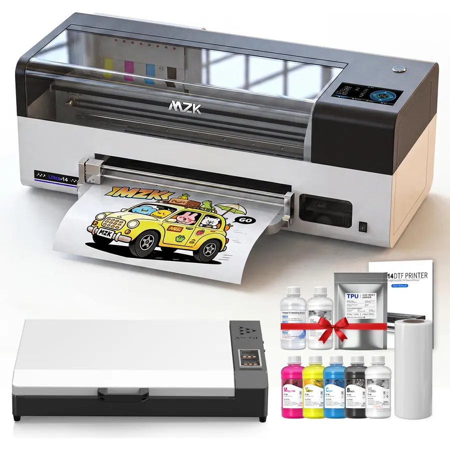 MZK 14'' F1080 A3 DTF Printer+Oven,2X Speed vs L1800.One-Click Printhead Moisturizing,Auto-Maintenance Cleaning+White Ink System,Smart Panel,Ink Anti-Cloged Desig,2-Year Ink Included