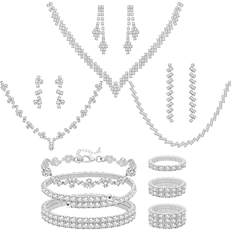 NEWITIN 15 Pieces Silver Jewelry Set for Women Wedding Costume Accessories