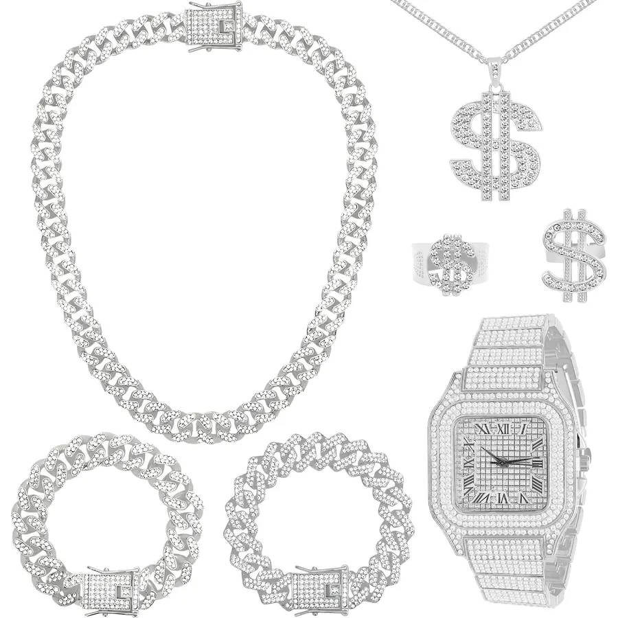 NEWITIN 7 Pieces Silver Jewelry Set for Men Diamond Watch Necklace Bracelets Stainless Steel Cubic Zirconia Cuban Jewels Bling Dollar Necklace Rings Hip Hop Jewelry Set for Men Women