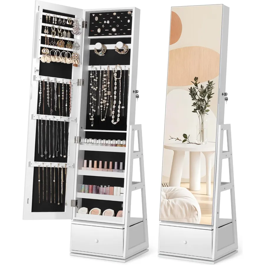 Nicetree 360° Swivel Jewelry Cabinet with Lights, Full Length Mirror