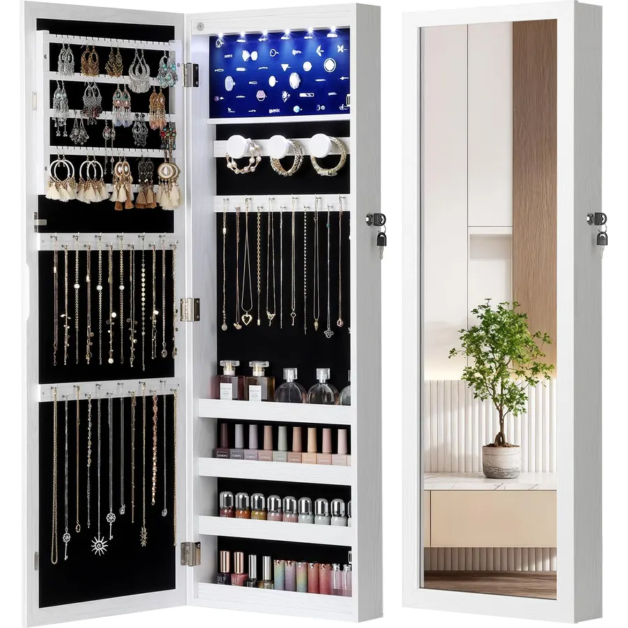 Nicetree 6 LEDs Jewelry Armoire, Hanging Mirror Jewelry Cabinet, White