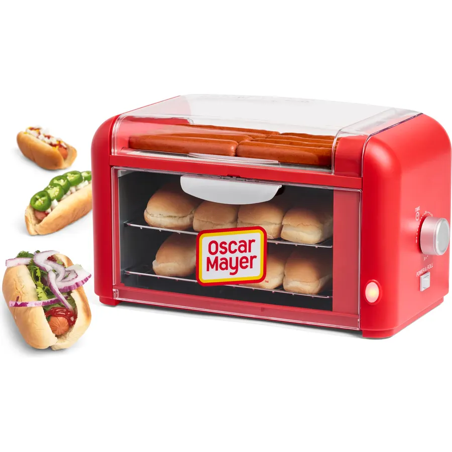 Nostalgia Oscar Mayer Extra Large 8 Hot Dog Roller & Bun Toaster Oven- Stainless Steel Grill Rollers for Cooking Veggie Sausages & Brats- Multi-Use Warming Oven with Adjustable Timer for Parties - Red
