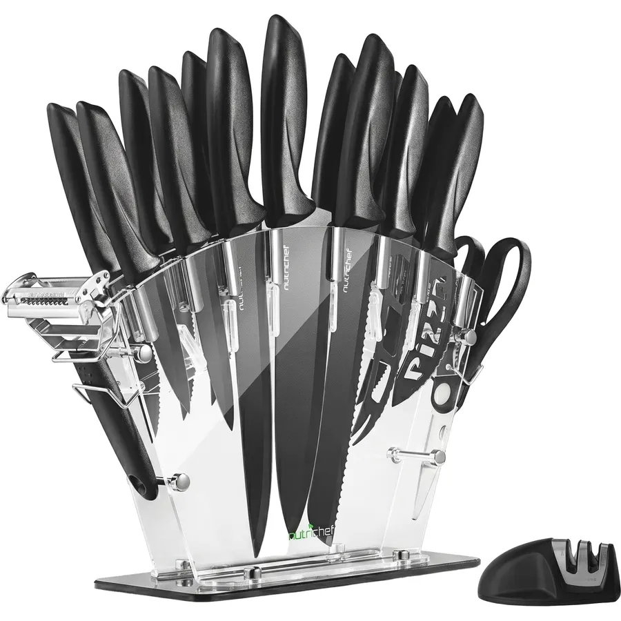 10 Pieces Kitchen Knives Set. Includes 6 Stainless Steel Knives, Scissors, Knife Sharpener, Peeler, and Clear Acrylic Stand (Cosmos)