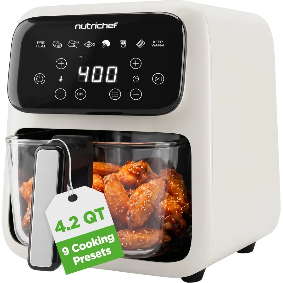 NutriChef 4.2QT Glass Air Fryer | 9-in-1 Preset Cook Modes | Glass Fry Bowl for Best CookingResults | Cook Steak, Chicken, Fish, Veggies, Fries & More | Temperature & Timer Control | White