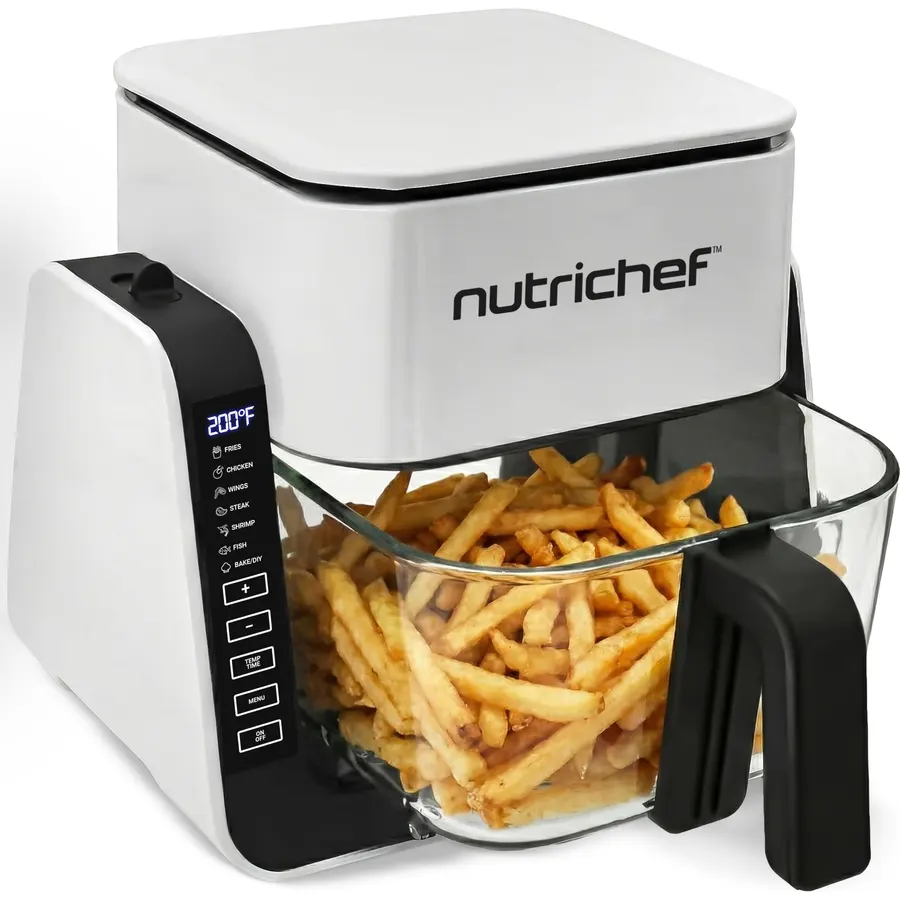 NutriChef 4 QT Air Fryer & Grill | 7-1 Preset Cook Modes | Transparent Fry Bowl for Best Cooking Results | Cook Shrimp, Steak, Fries, Wings & More | 4 QT Glass Air Fryer & 1.2 QT Grill | Black