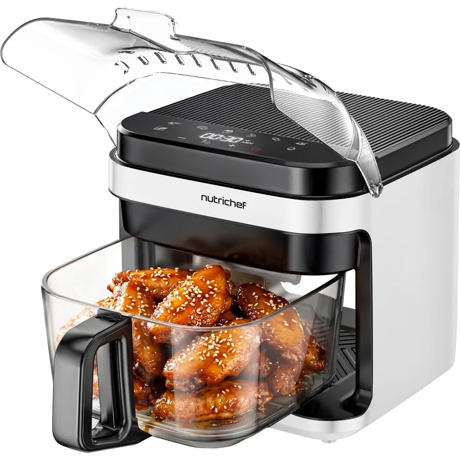 NutriChef 5.8 Quart Air Fryer | Glass Airfryer with 8-in-1 Digital Presets | Stainless Steel Fryer Design | Glass Fry Bowl with Flip-Up Safety Shield | Compact Air-Fryer for Even Cooking | White
