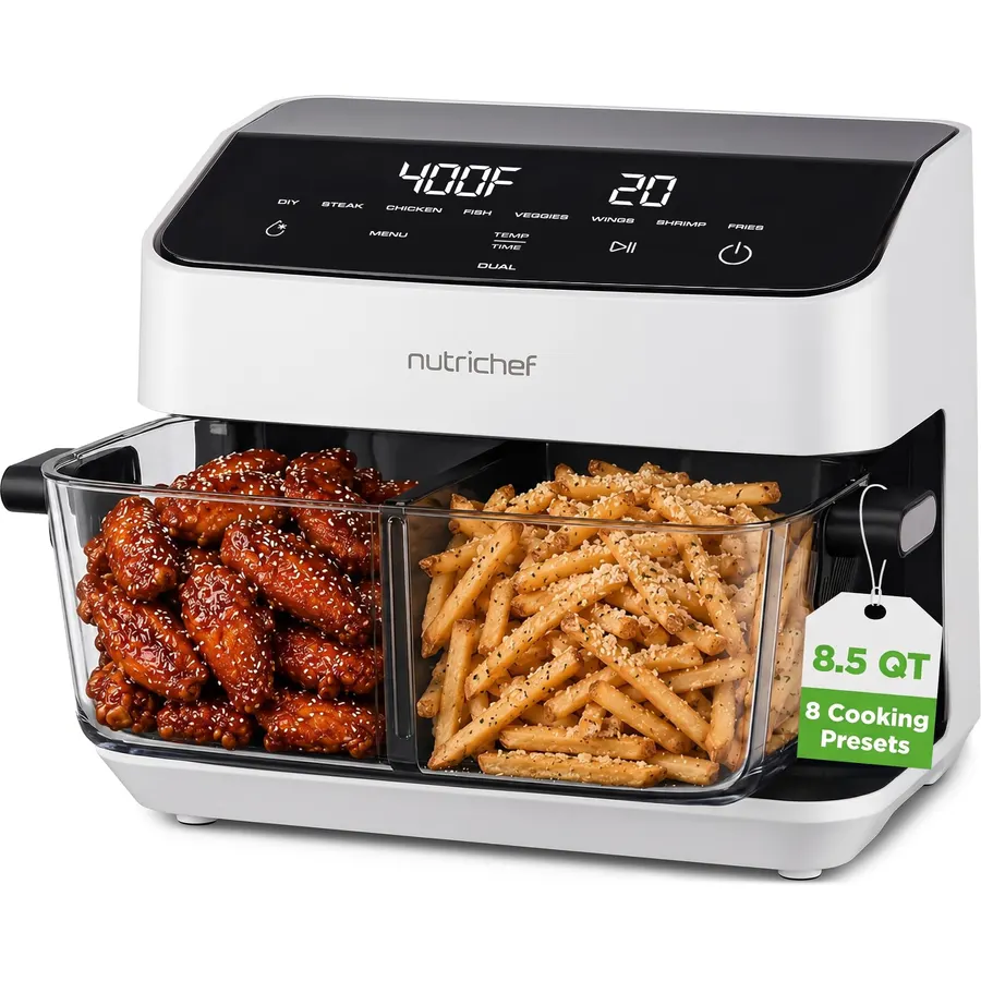 NutriChef 8.5 Quart Family Size Double Glass Basket Air Fryer | 8-in-1 Preset Dual Cook Modes | Glass Fry Bowls for Best Cooking | Cook Steak, Fries & More | Adjustable Temperature & Timer | White