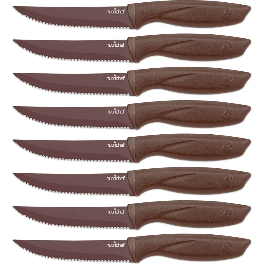 NutriChef 8 Piece Kitchen Knife Set - Multi-purpose Unbreakable Ergonomic Non-stick Stainless Steel Kitchen Steak Knives Set with Fully Serrated Blades - Great for BBQ Grill - NCSK8BW,Brown