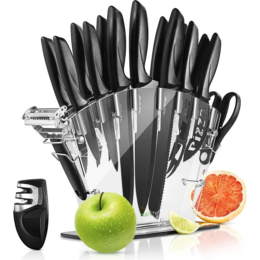 NutriChefKitchen 17 Piece Kitchen Knife Set - Stainless Steel Kitchen Precision Knives Set w/ 6 Steak Knives & Bonus Sharpener, Chopping, Dicing - NCKNS17.5, Black