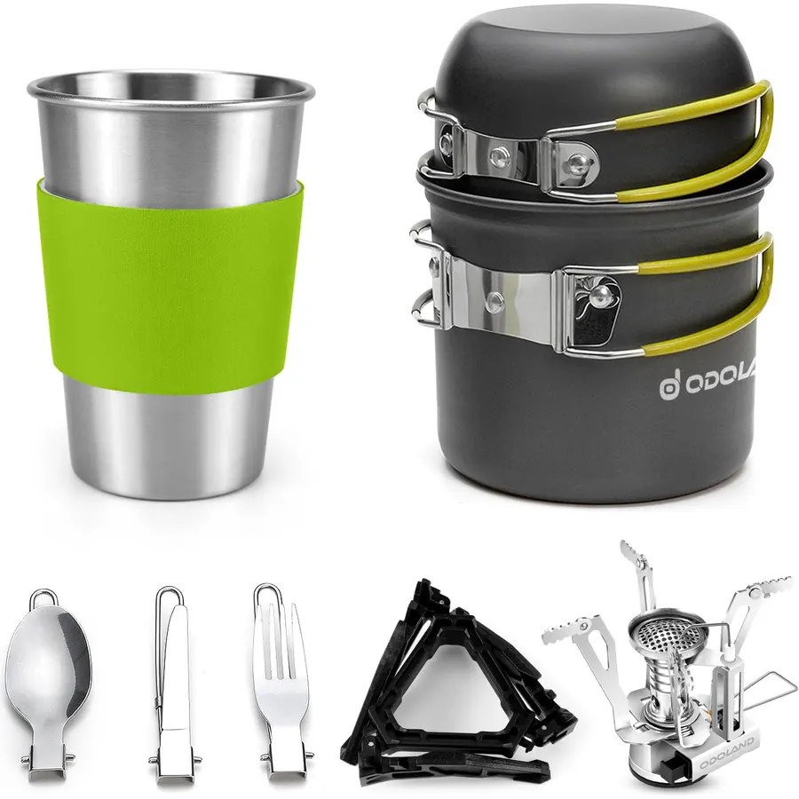 Odoland Camping Cookware Stove Set with 1.2L/0.6L Pots and Protable Stove
