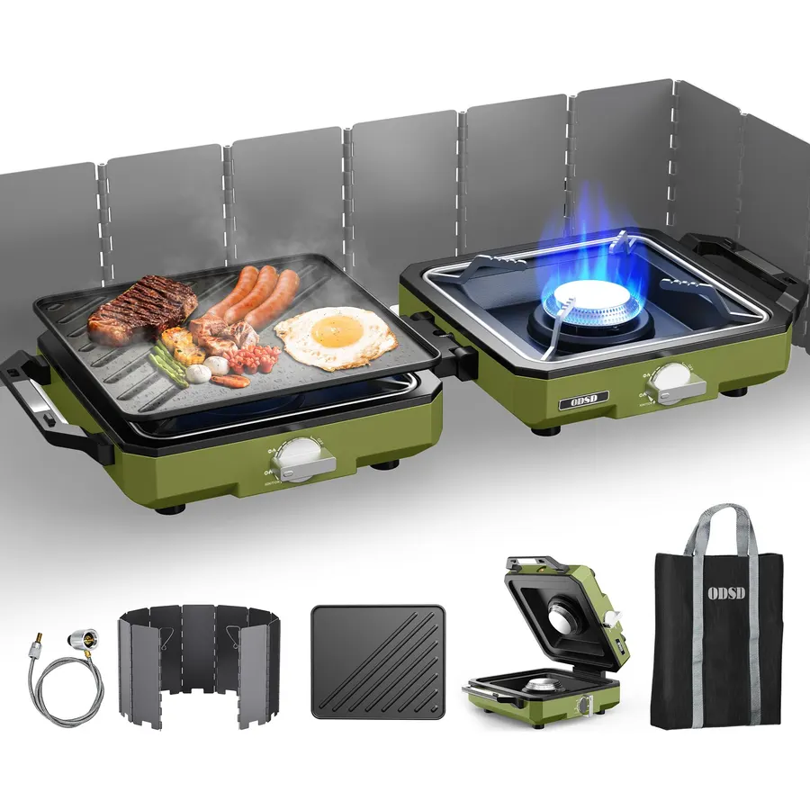 2-Burner Portable Propane Camping Stove with Windshield,Foldable Gas Stove