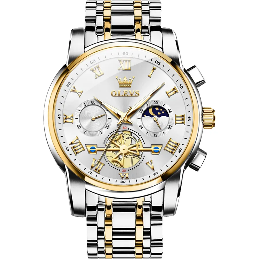 OLEVS Mens Stainless Steel Watch Fashion Luxury Big Face Analog Waterproof