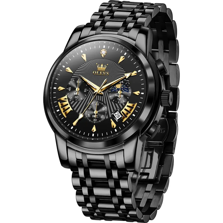 OLEVS Men Watches Luxury Waterproof Luminous Easy Read Chronograph Watches Full Gold/White Dail/Black Face Calendar Wrist Watches