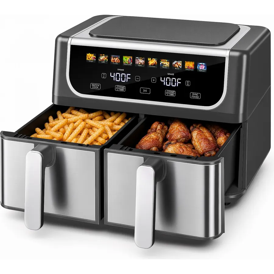 OLIXIS Dual Air Fryers with 2 Baskets 9.5 Quarts Large Airfryer 10-in-1